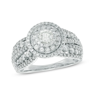 Previously Owned - 1.10 CT. T.W. Diamond Double Frame Multi-Row Shank Engagement Ring in 14K White Gold