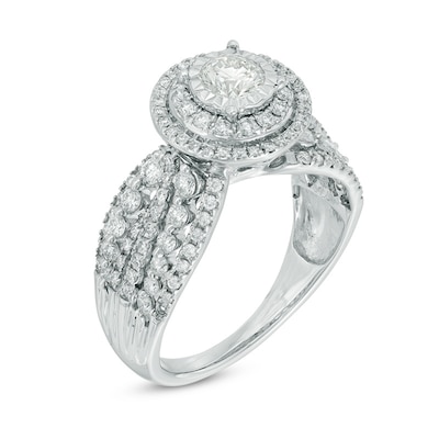 Previously Owned - 1.10 CT. T.W. Diamond Double Frame Multi-Row Shank Engagement Ring in 14K White Gold