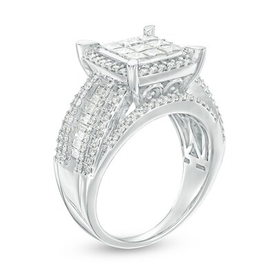 Previously Owned - 2.01 CT. T.W. Composite Princess-Cut Diamond Frame Multi-Row Engagement Ring in 10K White Gold