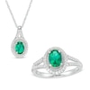 Thumbnail Image 0 of Previously Owned - Oval Lab-Created Emerald and White Sapphire Frame Split Shank Ring and Pendant Set in Sterling Silver