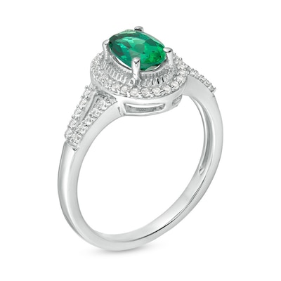 Previously Owned - Oval Lab-Created Emerald and White Sapphire Frame Split Shank Ring and Pendant Set in Sterling Silver