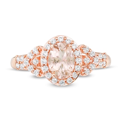 Previously Owned - Oval Morganite and White Topaz Frame Petal-Sides Double Row Ring in 10K Rose Gold