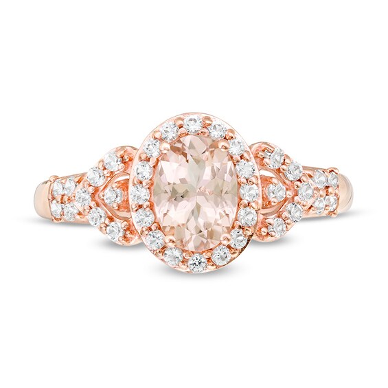 Previously Owned - Oval Morganite and White Topaz Frame Petal-Sides Double Row Ring in 10K Rose Gold