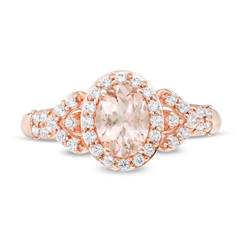 Main Image 4 of Previously Owned - Oval Morganite and White Topaz Frame Petal-Sides Double Row Ring in 10K Rose Gold