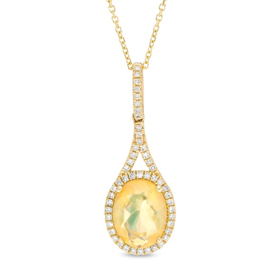 Previously Owned - Oval Multi-Colour Opal and 0.14 CT. T.W. Diamond Frame Drop Pendant in 10K Gold