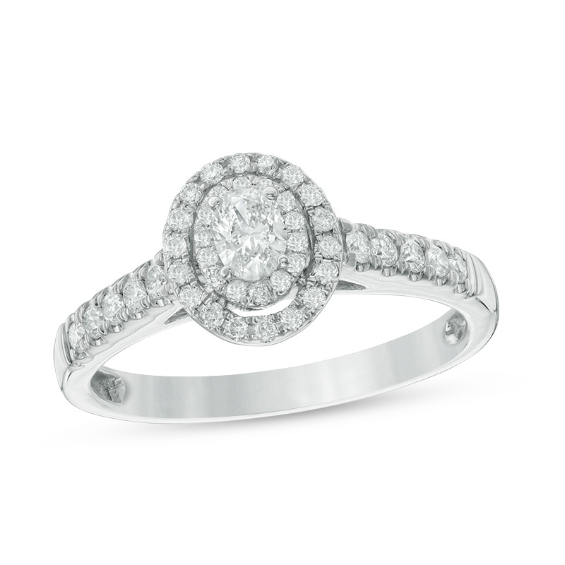 Main Image 1 of Previously Owned - 0.45 CT. T.W. Oval Diamond Double Frame Engagement Ring in 14K White Gold