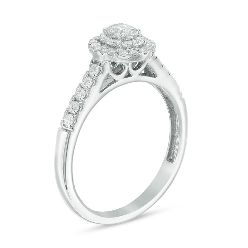 Main Image 2 of Previously Owned - 0.45 CT. T.W. Oval Diamond Double Frame Engagement Ring in 14K White Gold