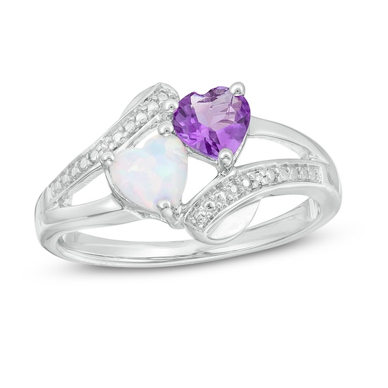 Previously Owned - Heart-Shaped Amethyst, Lab-Created Opal and Diamond Accent Two Stone Ring in Sterling Silver