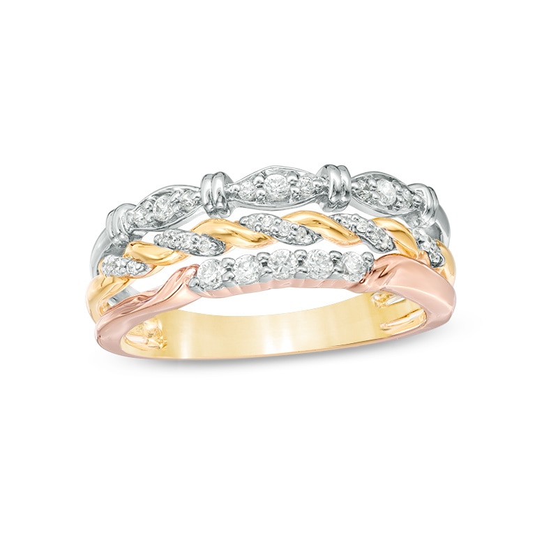 Previously Owned - 0.25 CT. T.W. Diamond Three Piece Stackable Band Set in 10K Tri-Tone Gold|Peoples Jewellers
