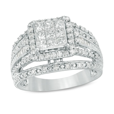 Previously Owned - 1.00 CT. T.W. Princess-Cut Composite Diamond Frame Multi-Row Engagement Ring in 10K White Gold