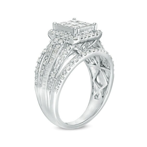 Previously Owned - 1.00 CT. T.W. Princess-Cut Composite Diamond Frame Multi-Row Engagement Ring in 10K White Gold