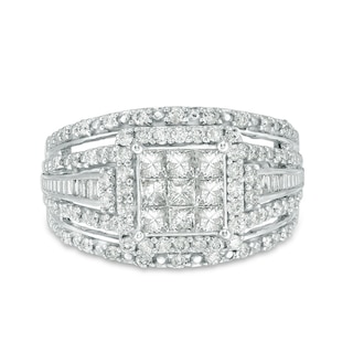 Previously Owned - 1.00 CT. T.W. Princess-Cut Composite Diamond Frame Multi-Row Engagement Ring in 10K White Gold