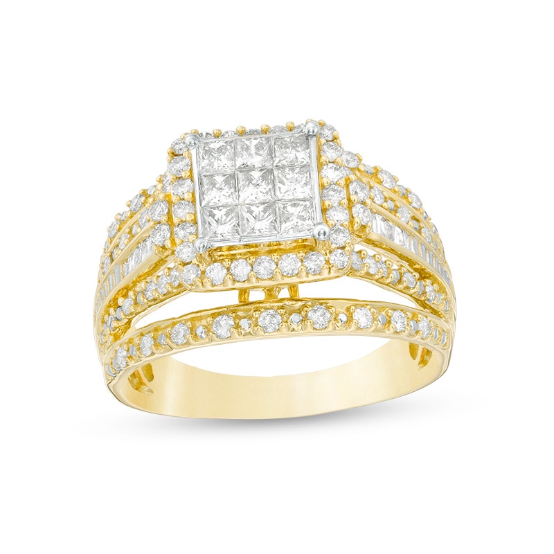 Previously Owned - 1.00 CT. T.W. Princess-Cut Composite Diamond Frame Multi-Row Engagement Ring in 10K Gold