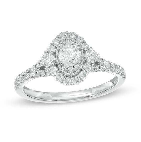 Previously Owned 0.75 CT. T.W. Diamond Oval Frame Vintage-Style Engagement Ring in 14K White Gold (I/I1)