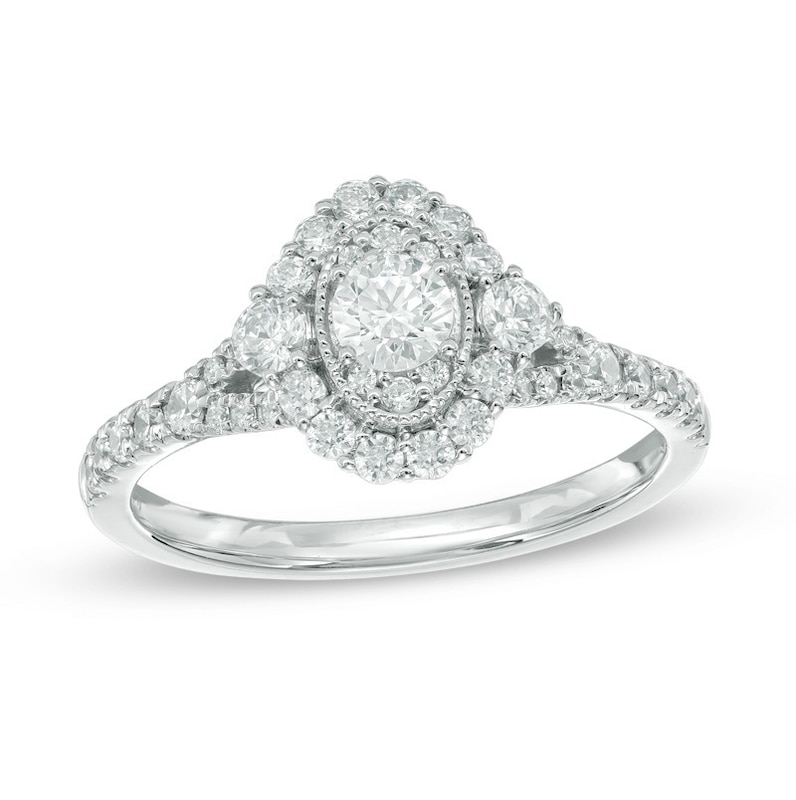 Previously Owned 0.75 CT. T.W. Diamond Oval Frame Vintage-Style Engagement Ring in 14K White Gold (I/I1)|Peoples Jewellers