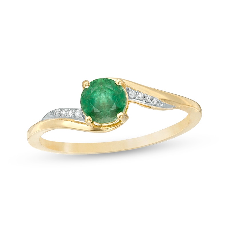 Previously Owned - 5.0mm Emerald and Diamond Accent Bypass Ring in 10K Gold