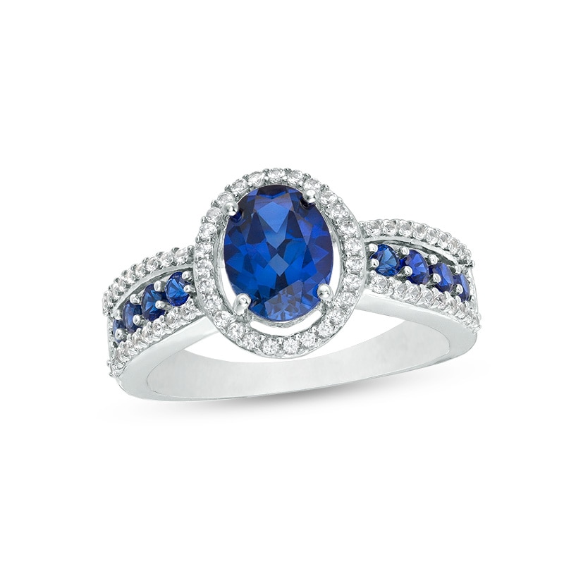 Previously Owned - Oval Lab-Created Blue Ceylon and White Sapphire Frame Ring in Sterling Silver|Peoples Jewellers