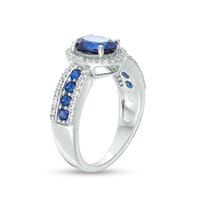 Previously Owned - Oval Lab-Created Blue Ceylon and White Sapphire Frame Ring in Sterling Silver