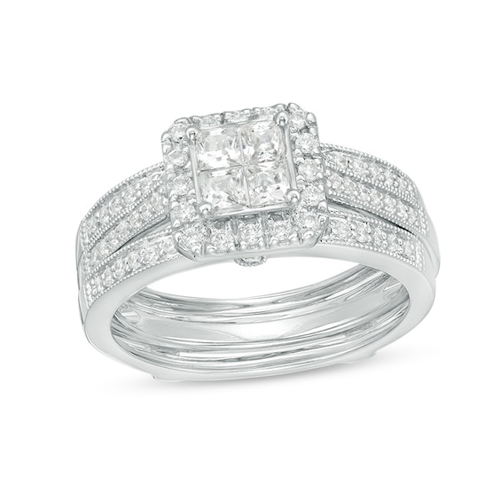 Previously Owned - 0.75 CT. T.W. Quad Princess-Cut Diamond Frame Vintage-Style Bridal Set in 10K White Gold