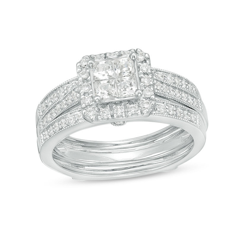 Previously Owned - 0.75 CT. T.W. Quad Princess-Cut Diamond Frame Vintage-Style Bridal Set in 10K White Gold|Peoples Jewellers