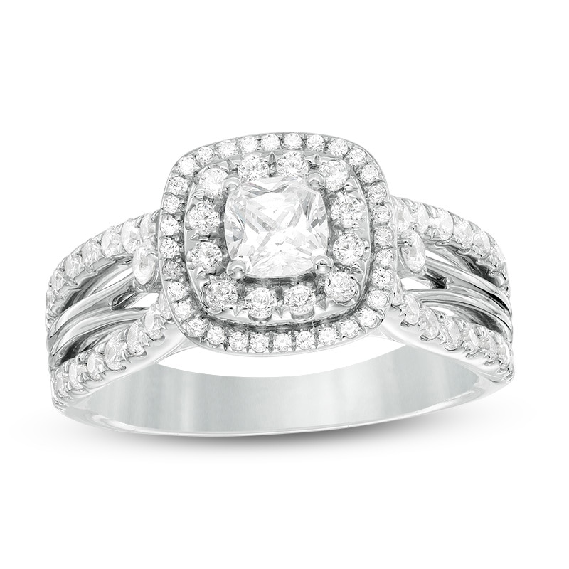 Previously Owned - 1.25 CT. T.W. Cushion-Cut Diamond Double Frame Engagement Ring in 14K White Gold (I/I1)|Peoples Jewellers