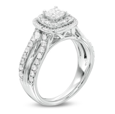 Previously Owned - 1.25 CT. T.W. Cushion-Cut Diamond Double Frame Engagement Ring in 14K White Gold (I/I1)