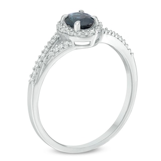 Previously Owned - Oval Blue Sapphire and 0.17 CT. T.W. Diamond Frame Split Shank Ring in 10K White Gold