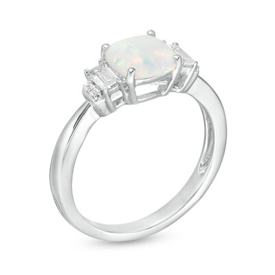 Previously Owned - 7.0mm Cushion-Cut Lab-Created Opal and White Sapphire Pendant and Ring Set in Sterling Silver