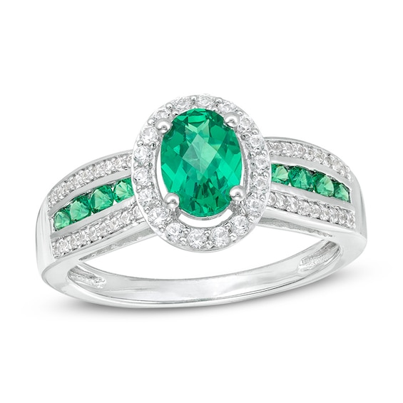 Previously Owned - Oval Lab-Created Emerald and White Sapphire Frame Triple Row Ring in Sterling Silver