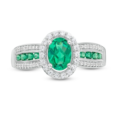 Previously Owned - Oval Lab-Created Emerald and White Sapphire Frame Triple Row Ring in Sterling Silver