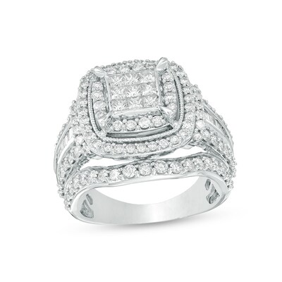 Previously Owned - 2.00 CT. T.W. Princess-Cut Composite Diamond Double Frame Engagement Ring in 10K White Gold