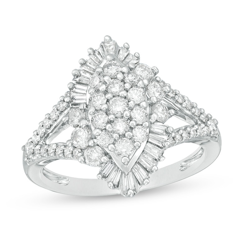 Previously Owned - 1.00 CT. T.W. Composite Diamond Marquise Sunburst Frame Ring in 10K White Gold