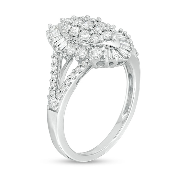 Previously Owned - 1.00 CT. T.W. Composite Diamond Marquise Sunburst Frame Ring in 10K White Gold