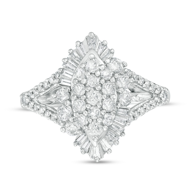 Previously Owned - 1.00 CT. T.W. Composite Diamond Marquise Sunburst Frame Ring in 10K White Gold