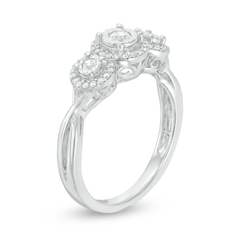 Main Image 2 of Previously Owned - 0.25 CT. T.W. Diamond Past Present Future® Frame Twist Engagement Ring in 10K White Gold