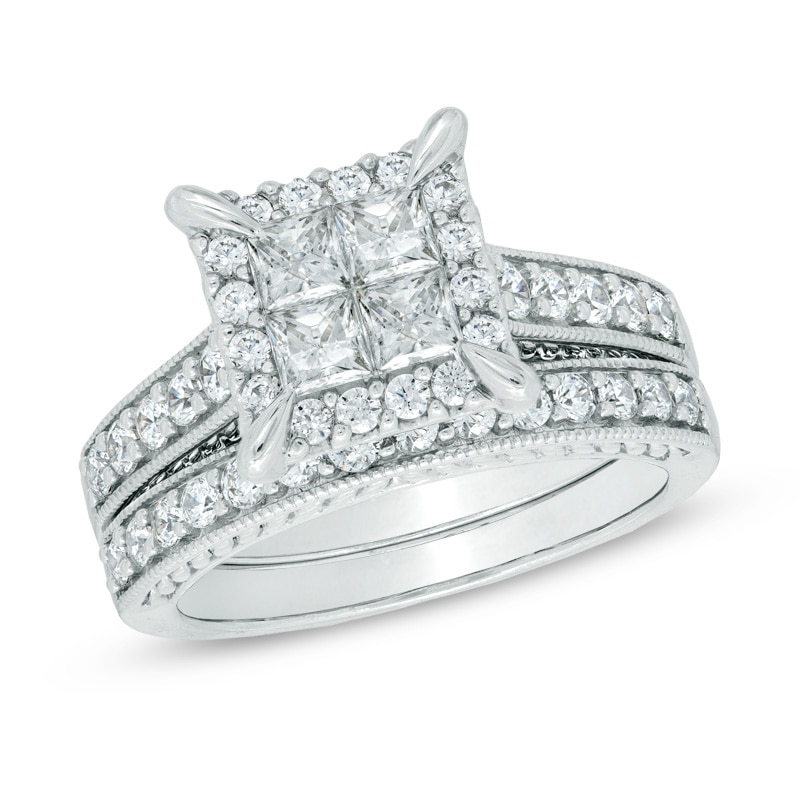 Previously Owned - 1.50 CT. T.W. Quad Princess-Cut Diamond Frame Bridal Set in 14K White Gold|Peoples Jewellers
