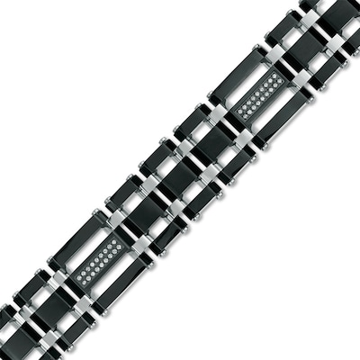 Previously Owned - Men's 0.28 CT. T.W. Diamond Triple Row Link Bracelet in Stainless Steel and Black IP - 8.75"