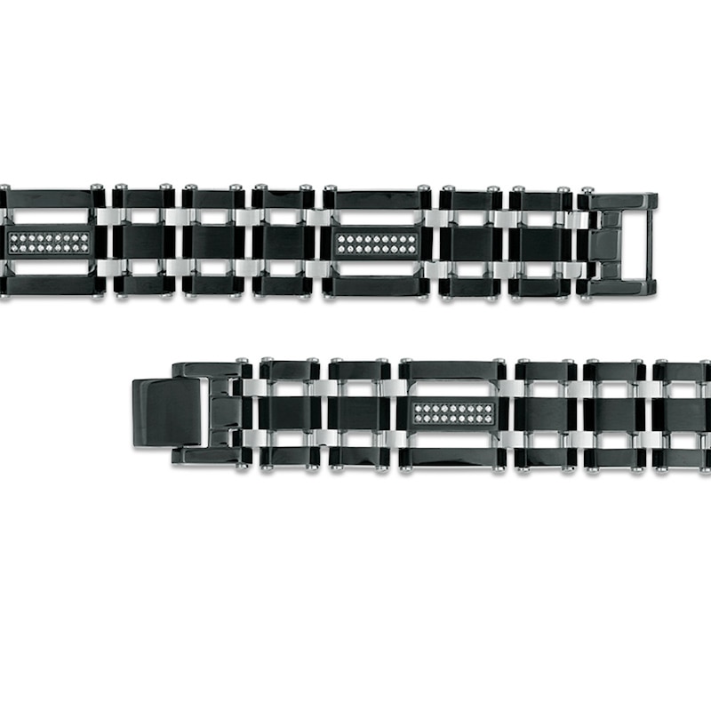 Previously Owned - Men's 0.28 CT. T.W. Diamond Triple Row Link Bracelet in Stainless Steel and Black IP - 8.75"