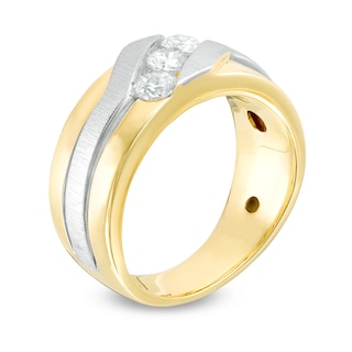 Previously Owned - Men's 0.75 CT. T.W. Diamond Three Stone Slant Ring in 10K Two-Tone Gold