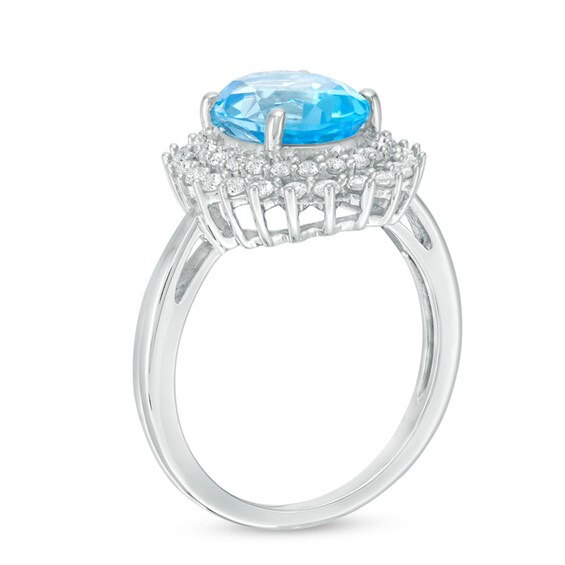 Previously Owned - Oval Swiss Blue Topaz and Lab-Created White Sapphire Frame Ring in Sterling Silver