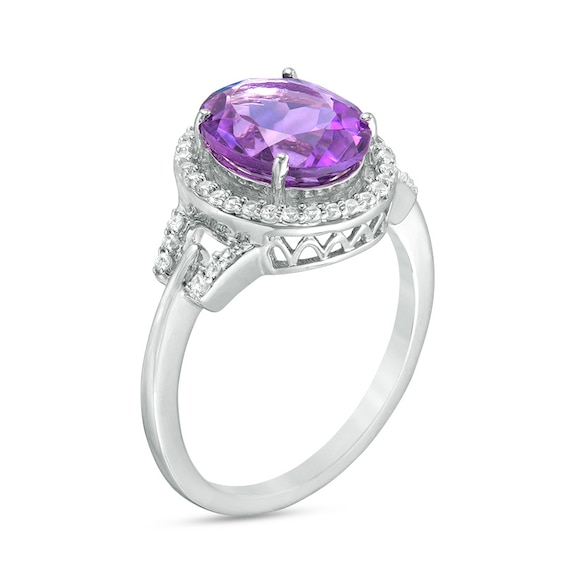 Previously Owned - Oval Amethyst and Lab-Created White Sapphire Frame Buckle Ring in Sterling Silver