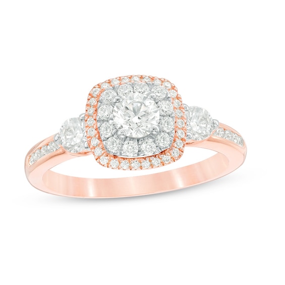 Previously Owned - 0.95 CT. T.W. Diamond Past Present Future® Double Frame Engagement Ring in 14K Rose Gold