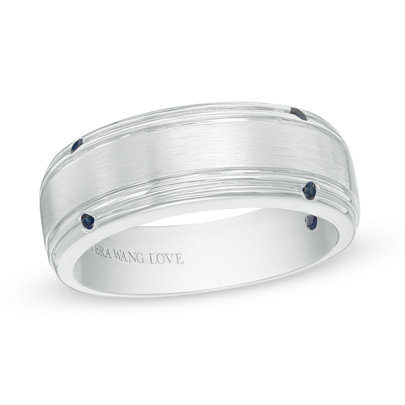 Previously Owned - Vera Wang Love Collection Men's Blue Sapphire Four Stone Wedding Band in 14K White Gold