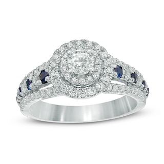 Previously Owned - Vera Wang Love Collection 0.87 CT. T.W. Diamond and Blue Sapphire Double Frame Engagement Ring