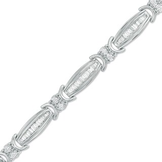 Previously Owned - 2.00 CT. T.W. Baguette and Round Diamond Link Bracelet in 10K White Gold - 7.5"