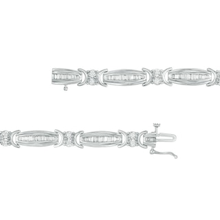 Previously Owned - 2.00 CT. T.W. Baguette and Round Diamond Link Bracelet in 10K White Gold - 7.5"