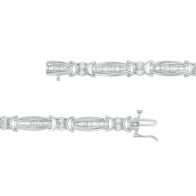 Previously Owned - 2.00 CT. T.W. Baguette and Round Diamond Link Bracelet in 10K White Gold - 7.5"