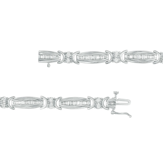 Previously Owned - 2.00 CT. T.W. Baguette and Round Diamond Link Bracelet in 10K White Gold - 7.5"