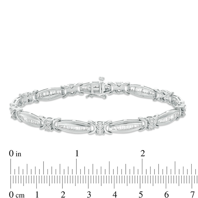 Previously Owned - 2.00 CT. T.W. Baguette and Round Diamond Link Bracelet in 10K White Gold - 7.5"