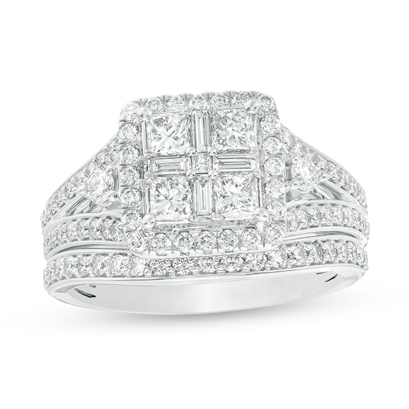Previously Owned - 1.50 CT. T.W. Quad Princess-Cut Diamond Frame Vintage-Style Bridal Set in 14K White Gold|Peoples Jewellers